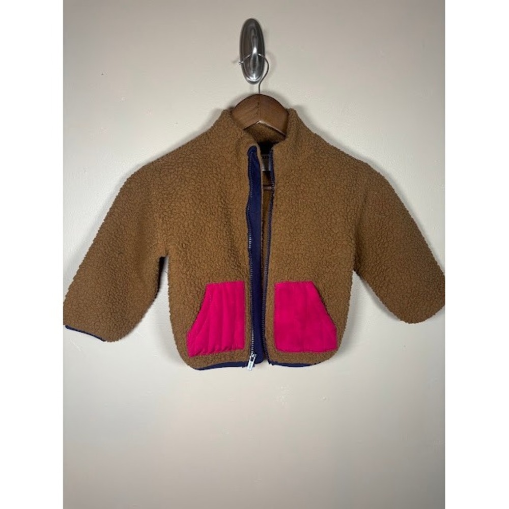 Old Navy Toddler Sherpa Fleece Jacket Brown Pink Pockets 3T Full Zip Teddy Coat